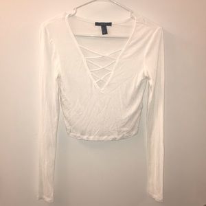 White Long Sleeve Crop Top with Crisscross Detail